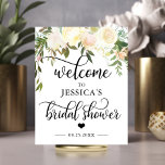 Poster SINAL DE BOAS-VINDAS, cor-de-rosa, Chá de panela d<br><div class="desc">Design BEM-VINDO simplesmente elegante sobre fundo branco e letras topográficas pretas com pequeno coração. Buquê de marfim de creme de cor floral com verde. Perfeito para qualquer tema,  estilo ou época do ano.</div>