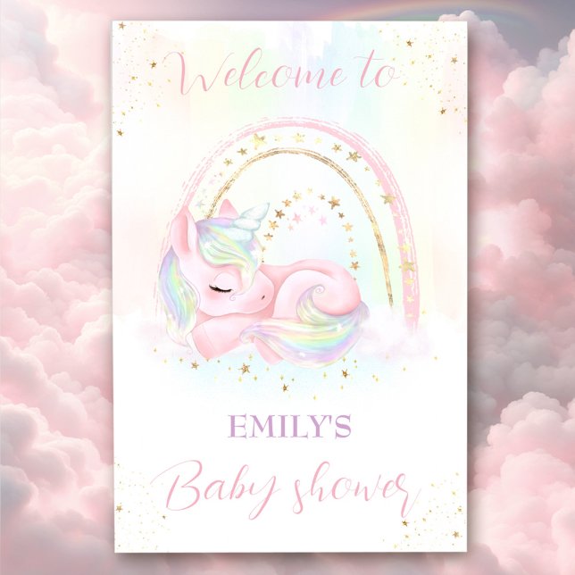 Poster Sinal de boas-vindas da chá da chá de fraldas Unic (Unicorn baby shower girl shower welcome sign)