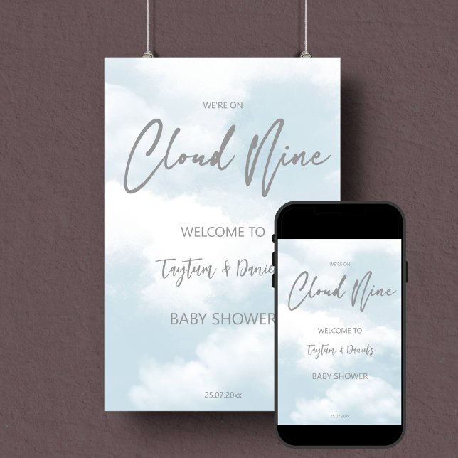 Poster Sinal de boas-vindas da cinza de nove pastéis da n (Cloud nine pastel grey baby shower editable template welcome sign digital download entrance decor)