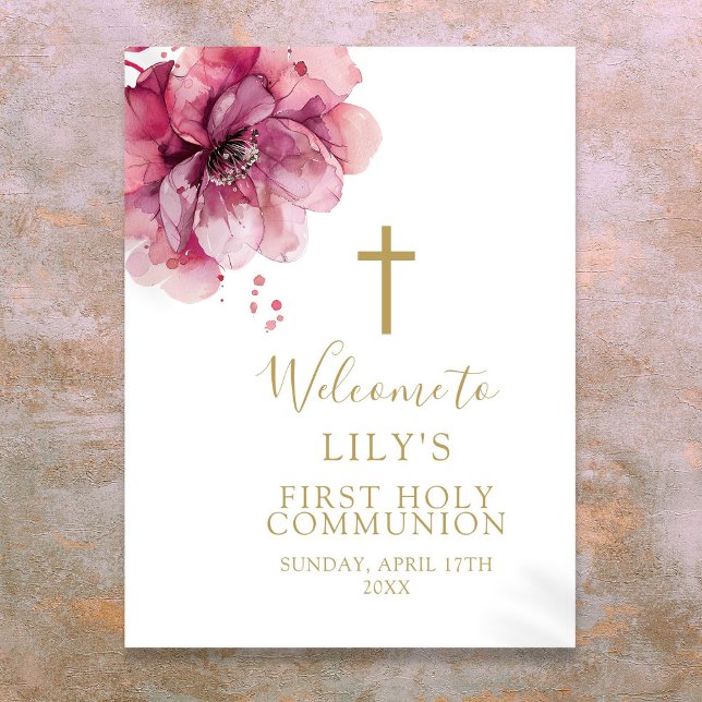 Poster Sinal de Boas-vindas da Comunhão Floral Sagrado, C (Pink Watercolor Floral Holy Communion Welcome Sign)