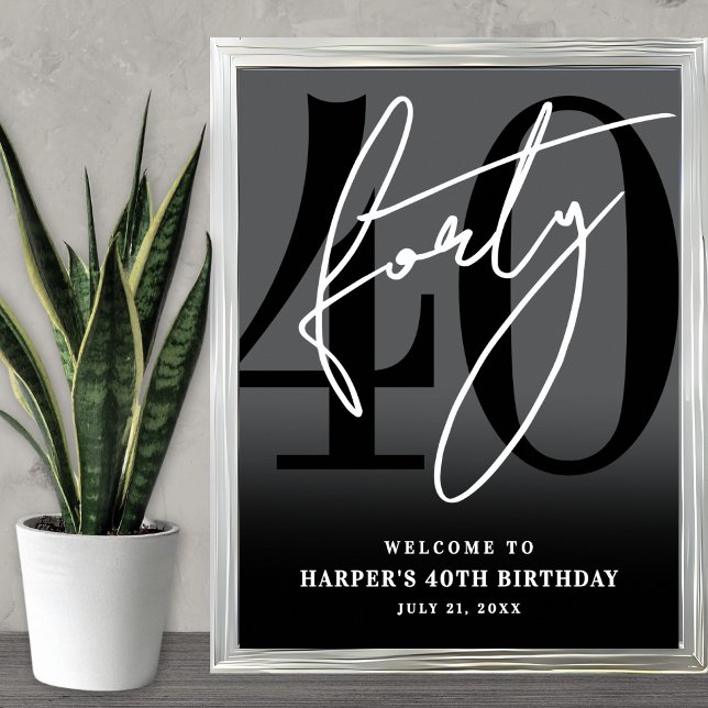Poster Sinal de Boas-Vindas da Festa de 40 Anos Preta (Black 40th Birthday Party Welcome Sign)