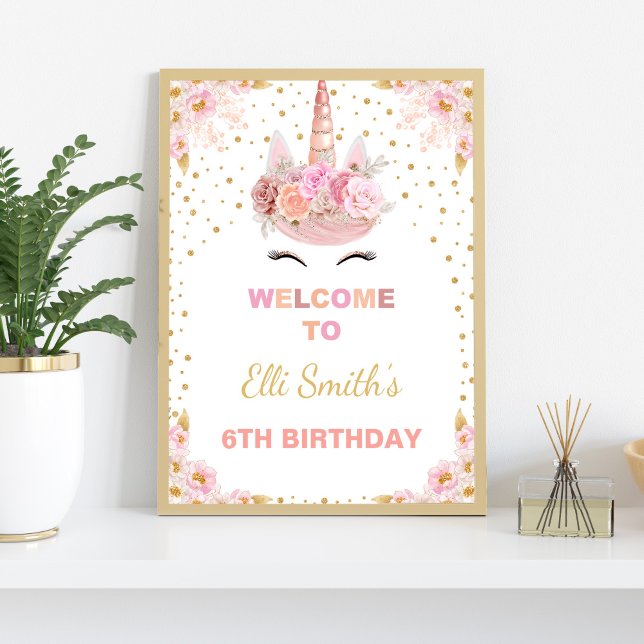 Poster Sinal de boas-vindas da Festa de aniversário Ingle (Pink Floral Unicorn Welcome Signs)