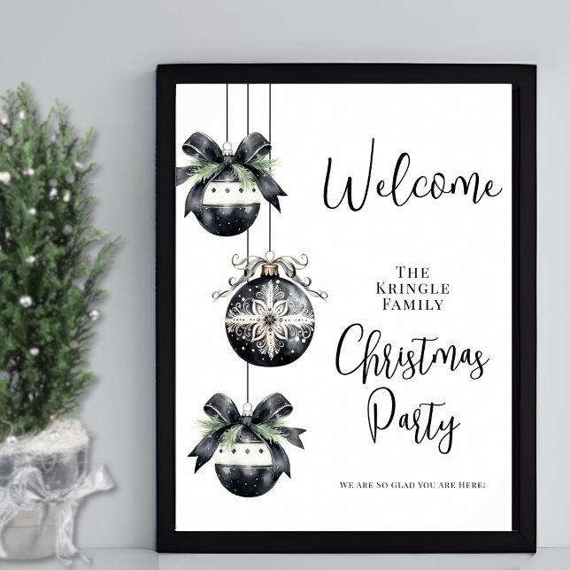 Poster Sinal de Boas-vindas da Festa de Natal Negra (Winter Black White Christmas Party Welcome Sign)