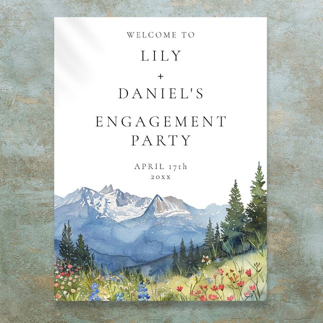 Poster Sinal de Boas-Vindas da Festa de Noivado da Montan (Watercolor Mountain Engagement Party Welcome Sign)