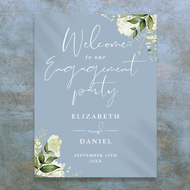 Poster Sinal de Boas-Vindas da Festa de Noivado Floral em (Floral Dusty Blue Engagement Party Welcome Sign)