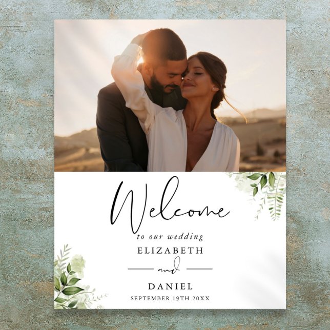 Poster Sinal de Boas-vindas da Foto Foliage Greenery (Greenery Foliage Photo Wedding Welcome Sign)