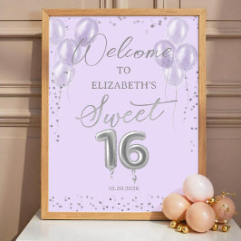 Poster Sinal de boas-vindas da Lavanda Silver Sweet 16 Ba