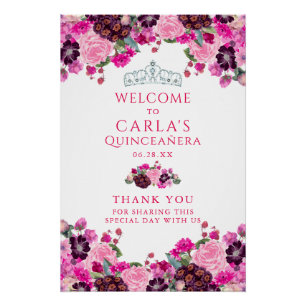 Póster Sinal de boas-vindas da Magenta Floral Quinceanera