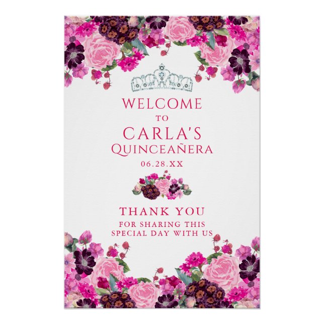 Póster Sinal de boas-vindas da Magenta Floral Quinceanera (Frente)