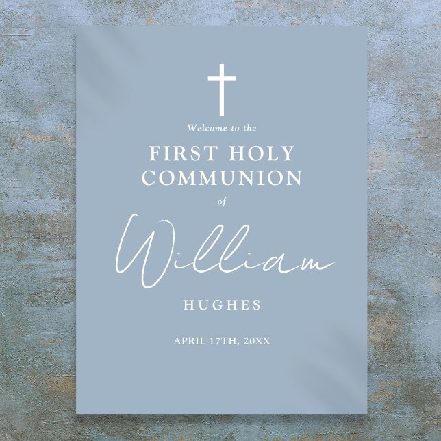 Poster Sinal de Boas-vindas da Primeira Comunhão Dusty Bl (Dusty Blue First Holy Communion Welcome Sign)
