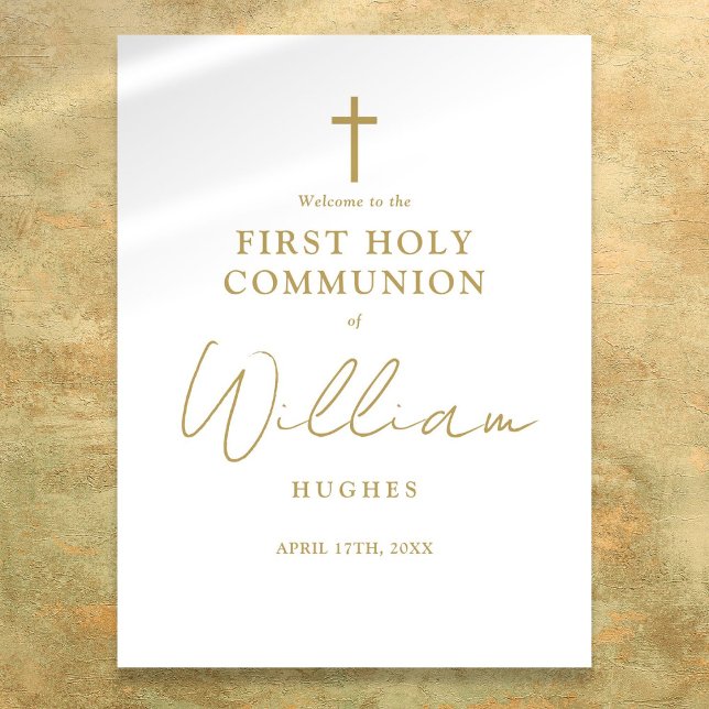 Poster Sinal de boas-vindas da Primeira Comunhão em elega (Chic Gold Script First Holy Communion Welcome Sign)