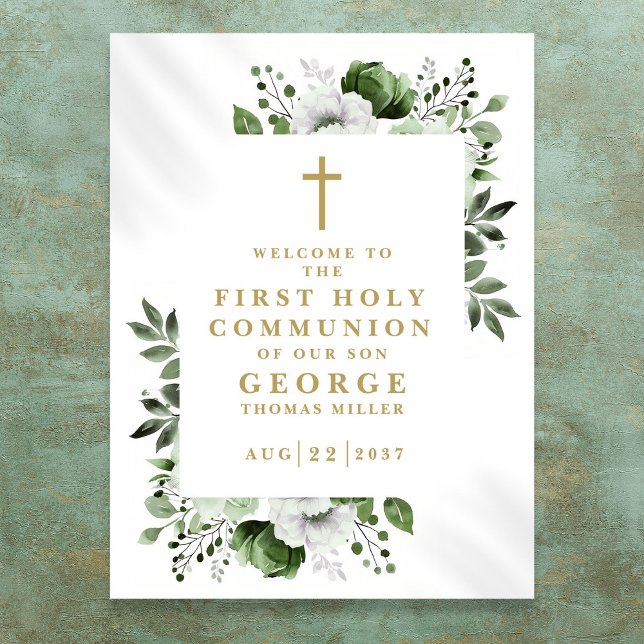 Poster Sinal de Boas-Vindas da Primeira Comunhão Floral V (Green Floral First Holy Communion Welcome Sign)