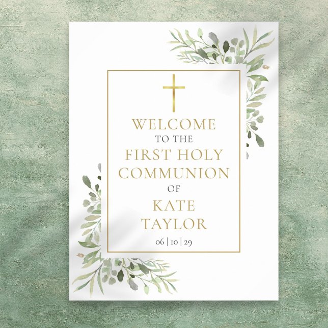 Poster Sinal de Boas-vindas da Primeira Comunhão Greenery (Greenery First Holy Communion Welcome Sign)