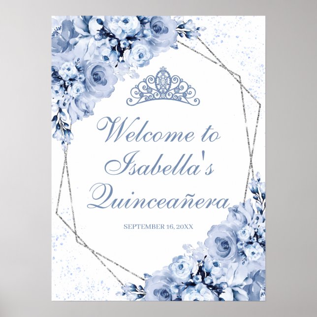 Poster Sinal de boas-vindas da Quinceanera Azul Dusty (Frente)