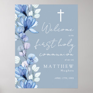 Poster Sinal de Boas-Vindas da Santa Comunhão Floral Azul