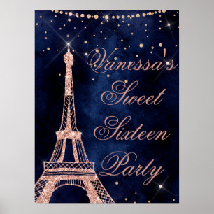 Poster Sinal de boas-vindas da Torre Eiffel rosa gold 16