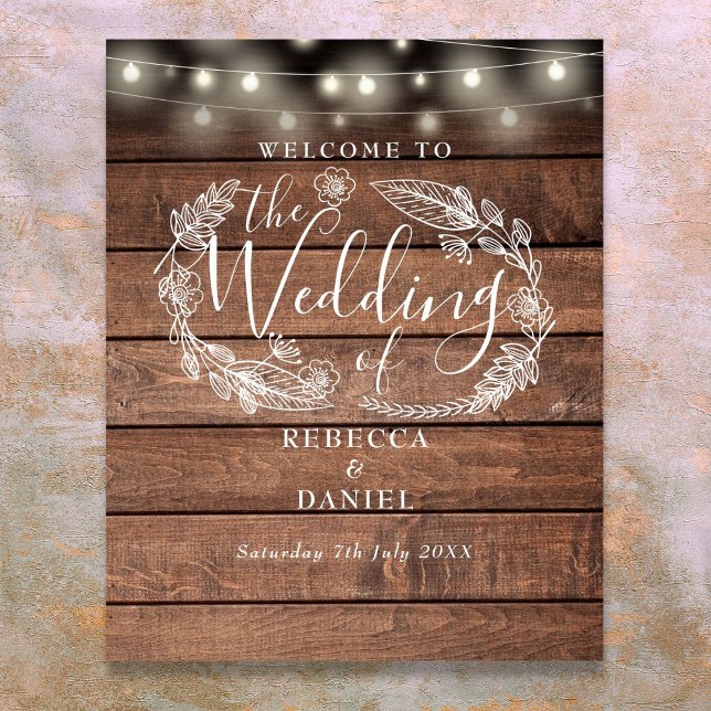 Poster Sinal de Boas-Vindas das Luzes de Madeira Floral S (Floral Wood String Lights Wedding Welcome Sign)