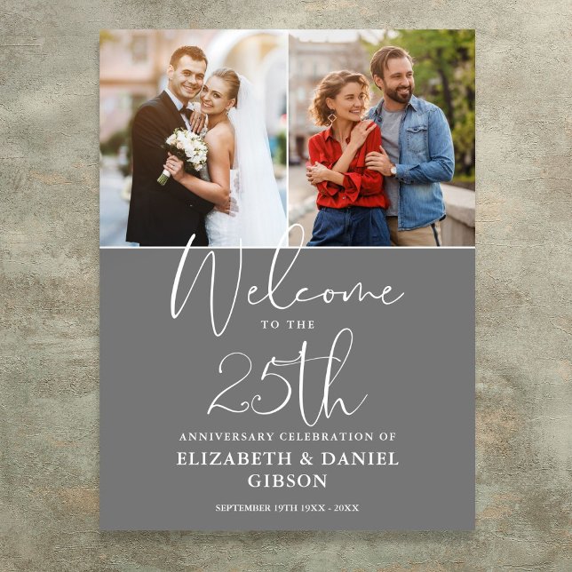 Poster Sinal de Boas-Vindas de 25º Aniversário de Casamen (25th Wedding Anniversary 2 Photo Welcome Sign)
