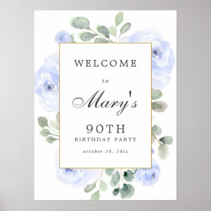 Poster Sinal de Boas-vindas de 90 Floral Rosa Azul
