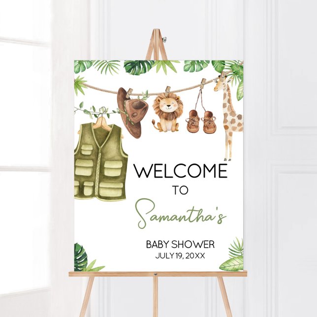 Poster Sinal de Boas-vindas de Animais da Selva Safari Tr (Tropical Safari Jungle Animals Clothesline Baby Shower Welcome Sign)