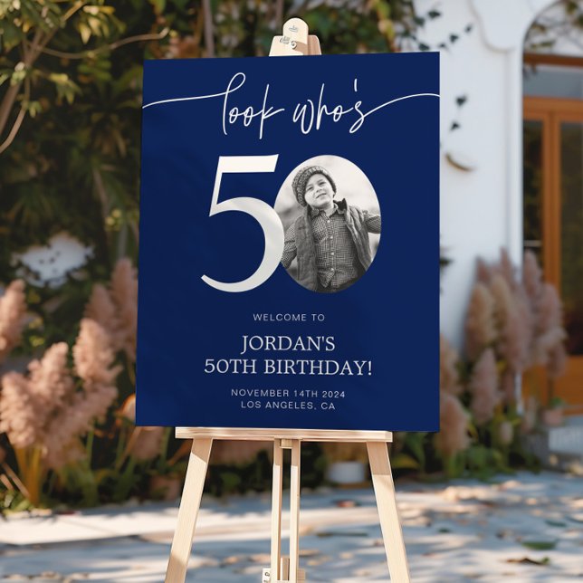 Póster Sinal de boas-vindas de aniversário de 50 azuis |  (Criador carregado)
