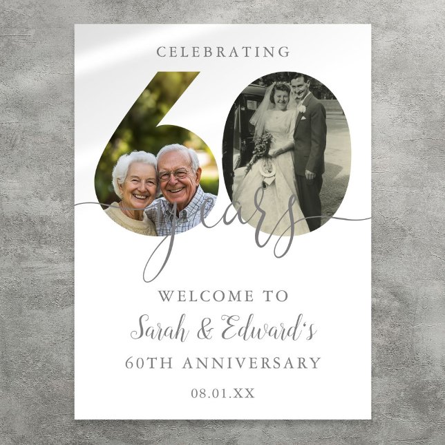Poster Sinal de Boas-Vindas de Aniversário de 60 Anos de  (60th Wedding Anniversary 2 Photo Welcome Sign)