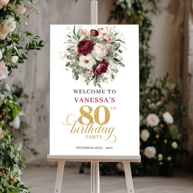 Poster Sinal de Boas-Vindas de Aniversário de 80 Anos com (Luxury Deep Red Floral 80th Birthday Welcome Poster)