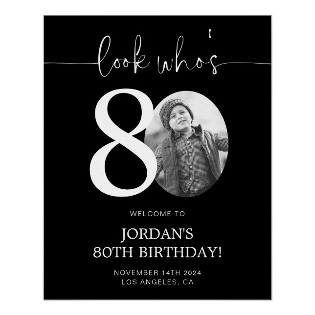 Póster Sinal de boas-vindas de aniversário de 80 negro |  (Frente)