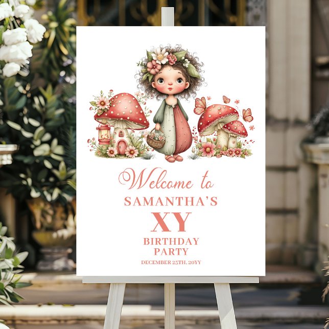 Poster Sinal de Boas-Vindas de Aniversário Rosa Caprichos (Whimsical Pink Fairy Blush Birthday Welcome Sign)