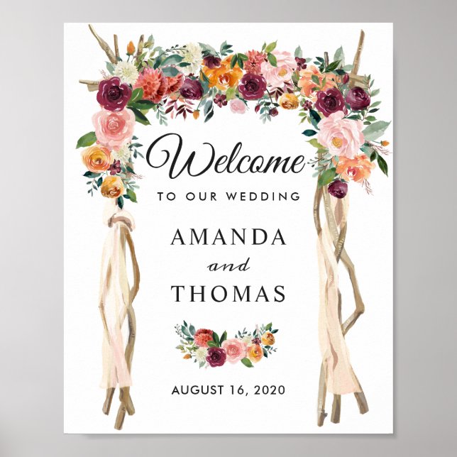 Poster Sinal de Boas-Vindas de Arco de Casamento Floral B (Frente)