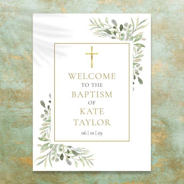 Poster Sinal de Boas-Vindas de Batismo com Folhas Verdes (Greenery Baptism Christening Welcome Sign)