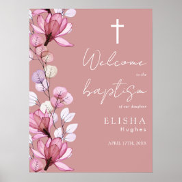 Poster Sinal de boas-vindas de batismo floral rosa poeire