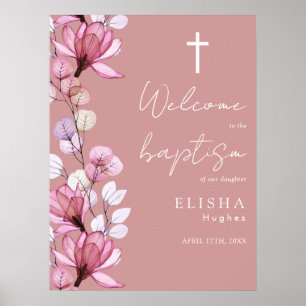 Poster Sinal de boas-vindas de batismo floral rosa poeire
