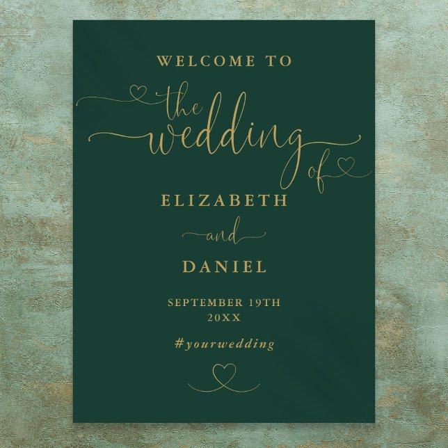 Poster Sinal De Boas-Vindas De Boas-Vindas De Escrita De  (Emerald And Gold Heart Script Wedding Welcome Sign)