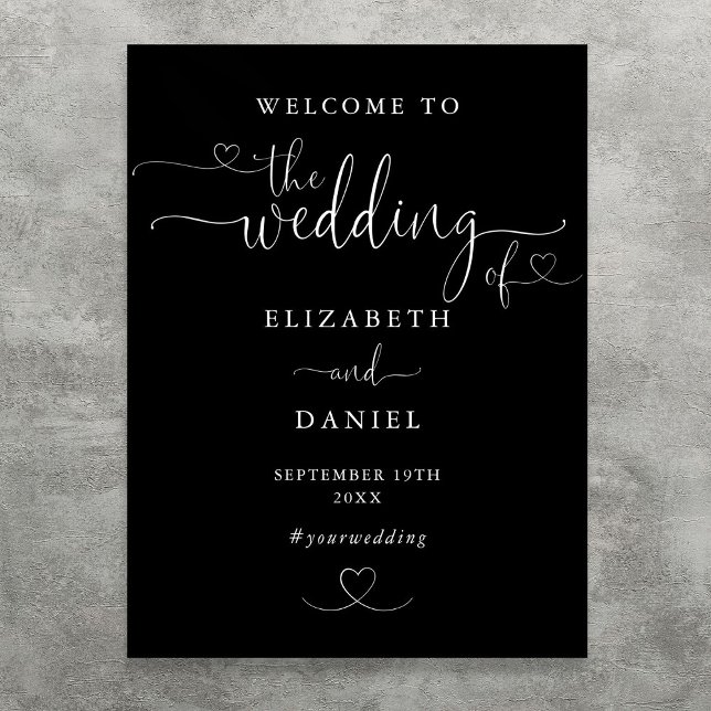 Poster Sinal de Boas-Vindas de Boas-Vindas de Script de C (Black And White Heart Script Wedding Welcome Sign)