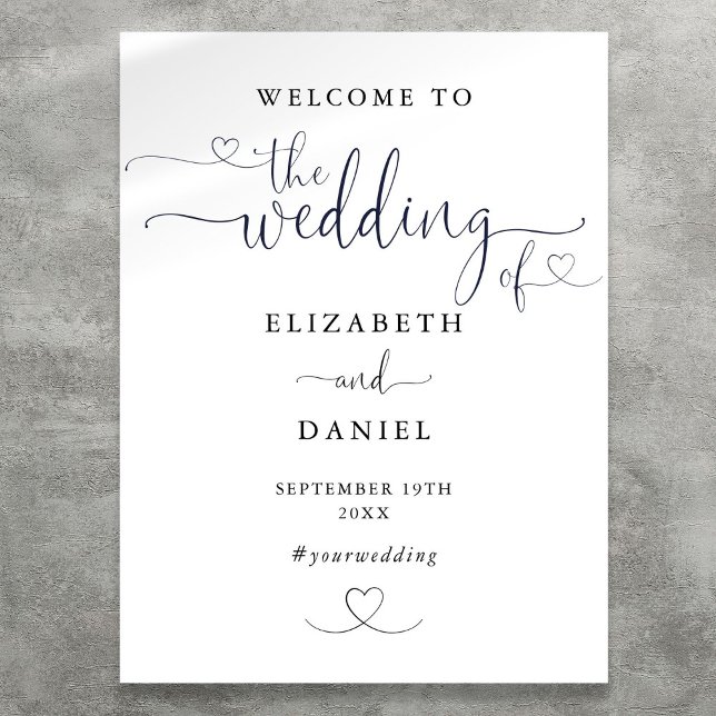 Poster Sinal de Boas-Vindas de Boas-Vindas de Script de C (Black And White Heart Script Wedding Welcome Sign)