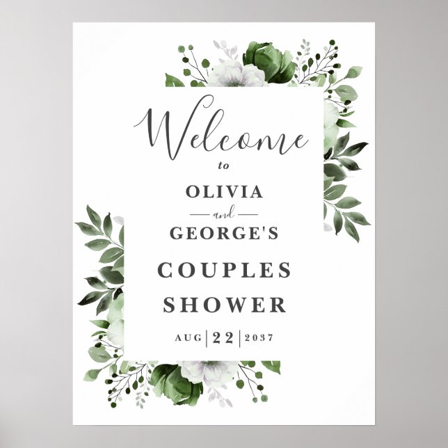 Poster Sinal de Boas-Vindas de Casal com Floral Verde Oli (Frente)