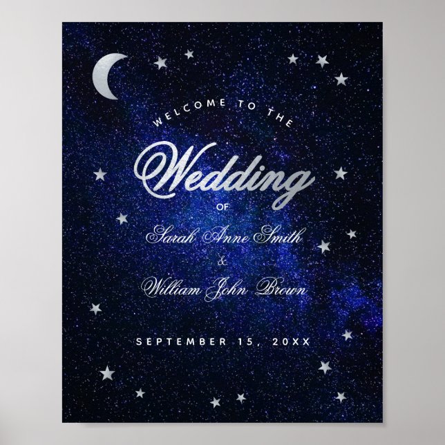 Poster Sinal de Boas-Vindas de Casamento Azul Estrelas e  (Frente)