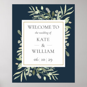 Poster Sinal de Boas-Vindas de Casamento Azul Naval Doura
