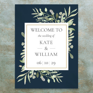 Poster Sinal de Boas-Vindas de Casamento Azul Naval Doura