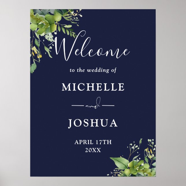 Poster Sinal de Boas-Vindas de Casamento Azul Naval Flora (Frente)