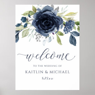 Poster Sinal de Boas-Vindas de Casamento Azul-Navy Floral