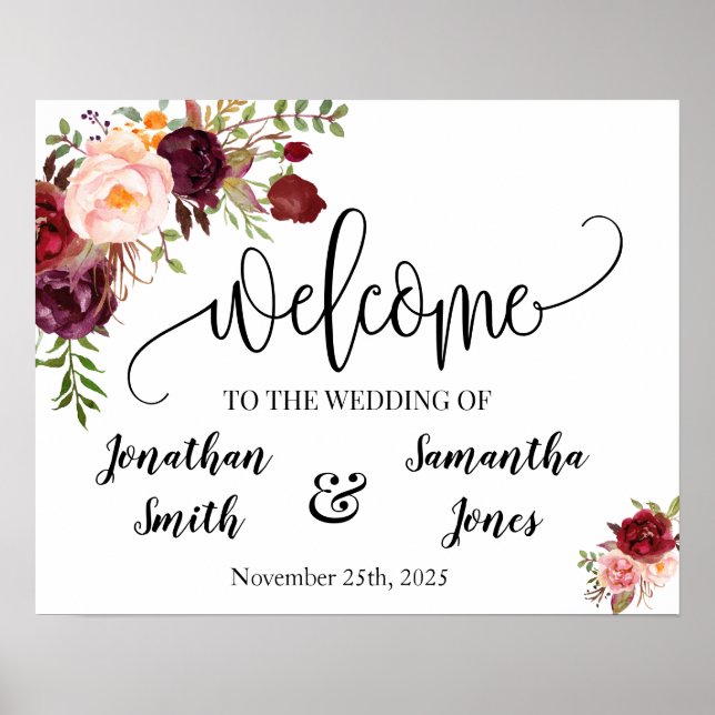 Poster Sinal de boas-vindas de casamento boho chic floral (Frente)