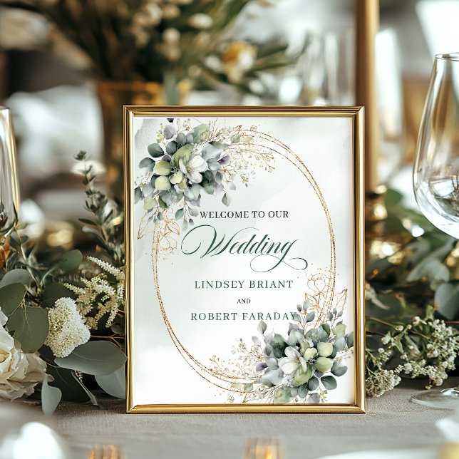 Poster Sinal de Boas-Vindas de Casamento Boho em Poeira V (Boho Wedding Tabletop Welcome Sign Dusty Green Eucalyptus)