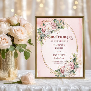 Poster Sinal de Boas-Vindas de Casamento Boho Rosa Empoei