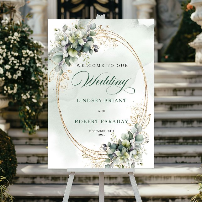 Poster Sinal de Boas-Vindas de Casamento Botânico Rústico (Rustic Botanical Wedding Welcome Sign Gold)