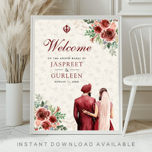 Poster Sinal de Boas-Vindas de Casamento Burgundy Floral