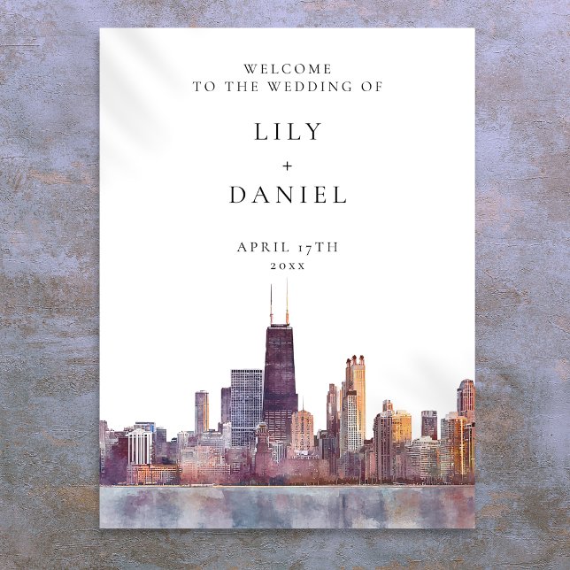 Poster Sinal de Boas-Vindas de Casamento com a Silhueta d (Chicago Skyline Wedding Welcome Sign)