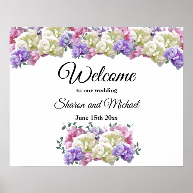 Poster Sinal de Boas-Vindas de Casamento com Buquê Floral (Frente)