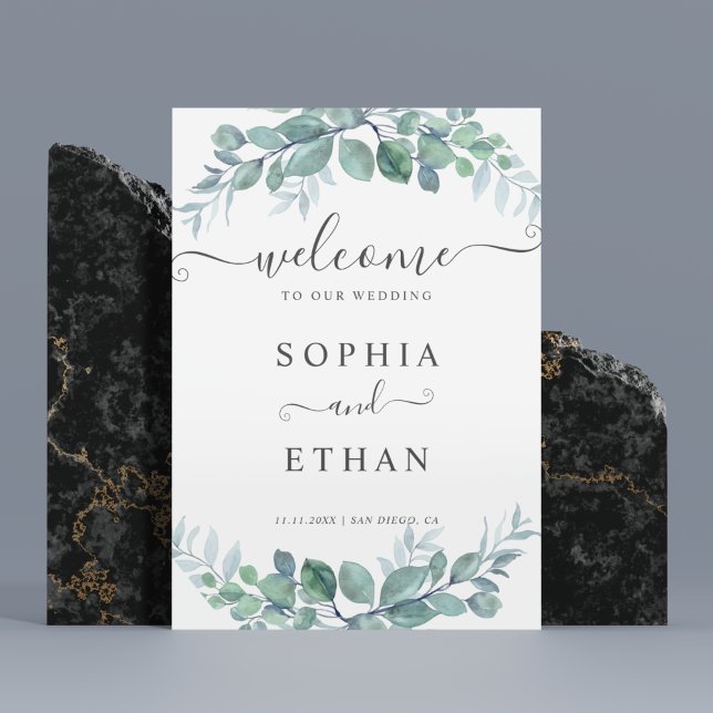 Poster Sinal de Boas-Vindas de Casamento com Elegante Fol (Elegant Eucalyptus Greenery Wedding Welcome Sign)